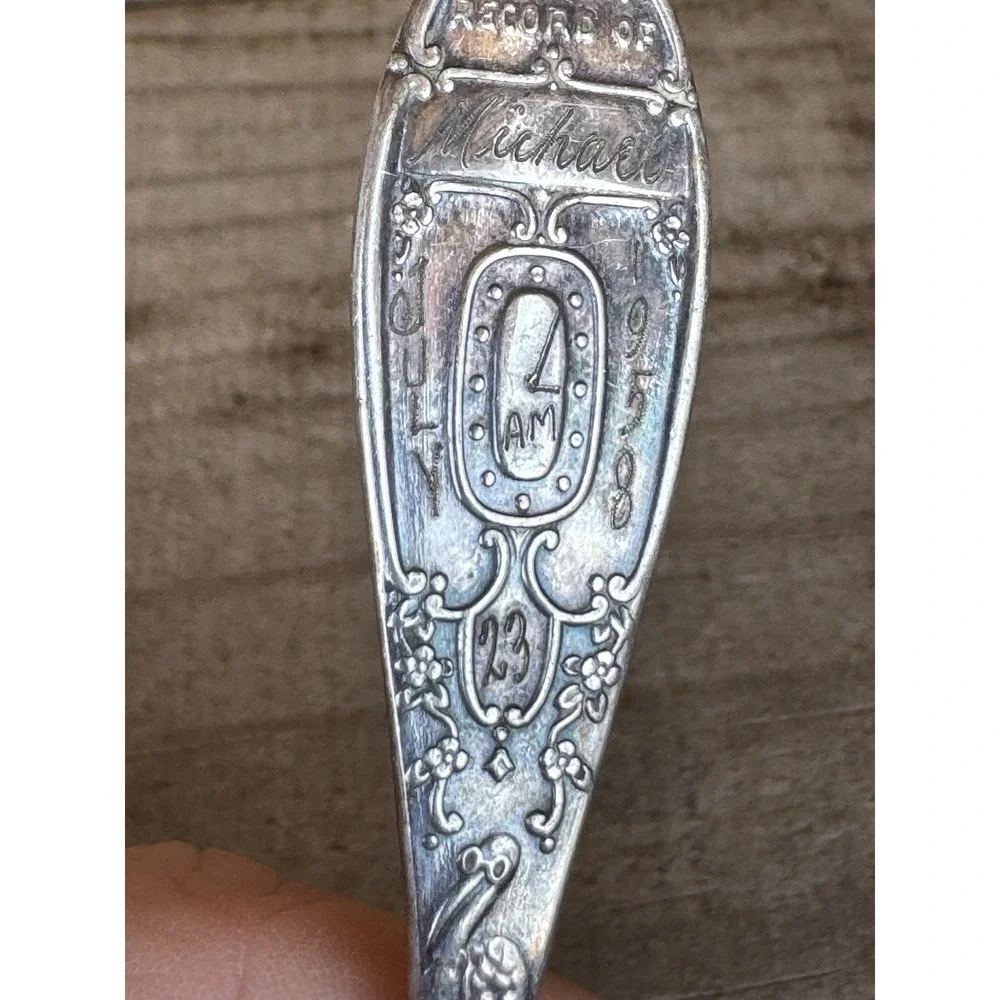 Vtg Silver-Plate WM Rogers Birth‎ Record Baby Spoon Stork Engraved Michael 1958